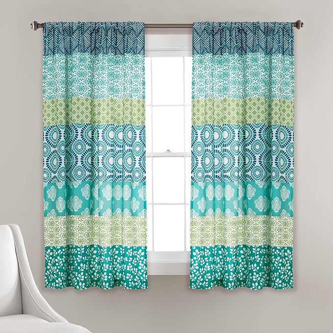 Lush Decor Bohemian Stripe Window Curtain Panels, Pair 52" W x 63" L Blue & Green - Light Filtering Curtains for Bedroom - Boho Curtains - Maximalist Decor