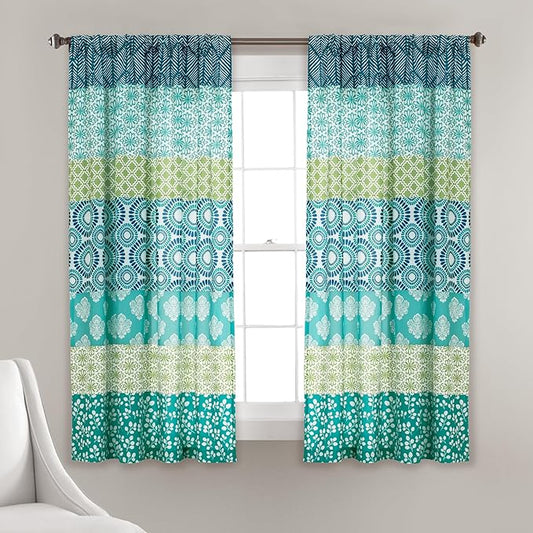 Lush Decor Bohemian Stripe Window Curtain Panels, Pair 52" W x 63" L Blue & Green - Light Filtering Curtains for Bedroom - Boho Curtains - Maximalist Decor