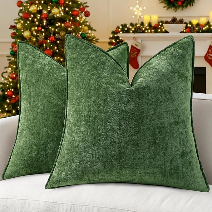 decorUhome Christmas Couch Throw Pillow Covers 26x26 Set of 2, Decorative Soft Euro Velvet Neutral Chenille Pillow Covers with Elegant Design for Sofa Bed Living Room Home Decor, Moss Green