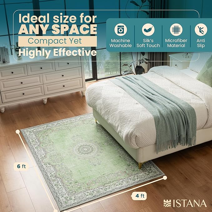 Istana 4x6 Area Rug - Green Rugs for Living Room 4x6 - Foldable Rugs for Bedroom - Stain Resistant Washable Rug - Eco-Friendly Boho Area Rugs - Easy to Clean Living Room Rug 4 x 6