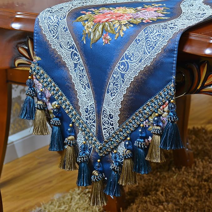 Extra Luxury Velvet Blue Table Runner 120 Inches Long with Vintage Damask Jacquard Design for Dining Room,Living Room,Home Decor,Elegant Beaded Tapestry (X-Blue, 13×120 inch)