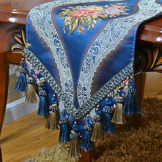 Extra Luxury Velvet Blue Table Runner 120 Inches Long with Vintage Damask Jacquard Design for Dining Room,Living Room,Home Decor,Elegant Beaded Tapestry (X-Blue, 13×120 inch)
