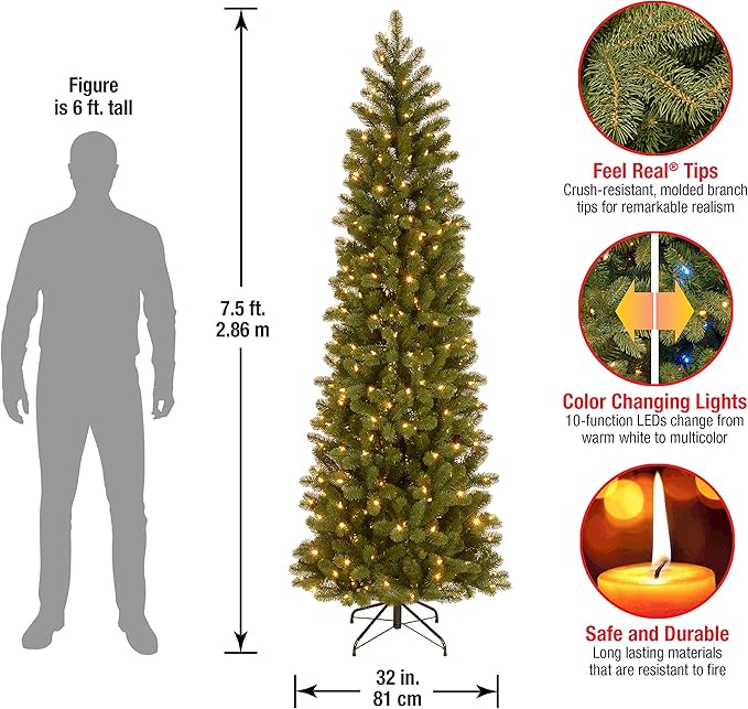 National Tree Company 7.5 ft Pre-Lit Downswept Douglas Fir Slim Artificial Christmas Tree, 350 LED Lights, 796 Tips, Foot Pedal, 10 Light Functions, Includes Stand, Green