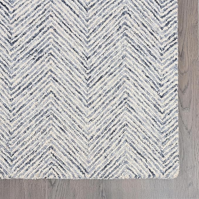 Modern Herringbone Chevron Collection Handcrafted Wool Area Rug - Durable, Zigzag Pattern, for High Traffic, Contemporary Design for Living Room, Bedroom, Dining Room Decor (Denim blue, 6' round)
