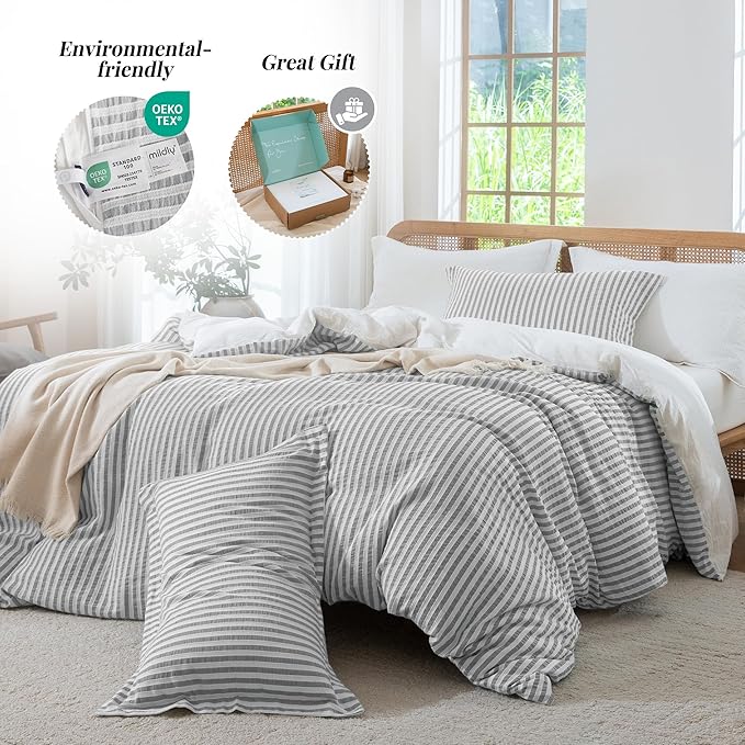 MILDLY Grey Striped Duvet Cover - 100% Washed Cotton Jacquard Boho Textured Comforter Cover 2pcs with Corner Ties Zipper Closure 68"x90"