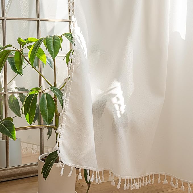 Sutuo Home Boho Curtains 96 Inches Long, Bohemian Linen Style Textured Curtains with Tassels for Bedroom, Semi Blackout Farmhouse Drapes, Rod Pocket Window Treatments 2 Panels, 52" x 96", White
