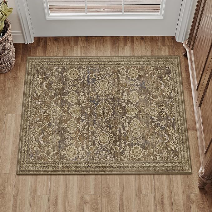 2x3 Entryway Carpet Brown Vintage Indoor Non Slip Area Rug Kitchen Washable Door Mat Living Room Entrance Small Low Pile Traditional Distressed Retro Floral Accent Throw Rug Office Bathroom