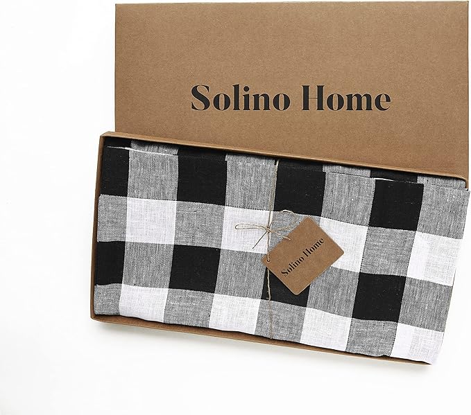 Solino Home Linen Checkered Tablecloth 60 x 90 Inch - 100% Pure Linen Black and White Buffalo Plaid Table Cloth for Rectangle Tables - Machine Washable Tablecloth for Fall, Autumn, Thanksgiving