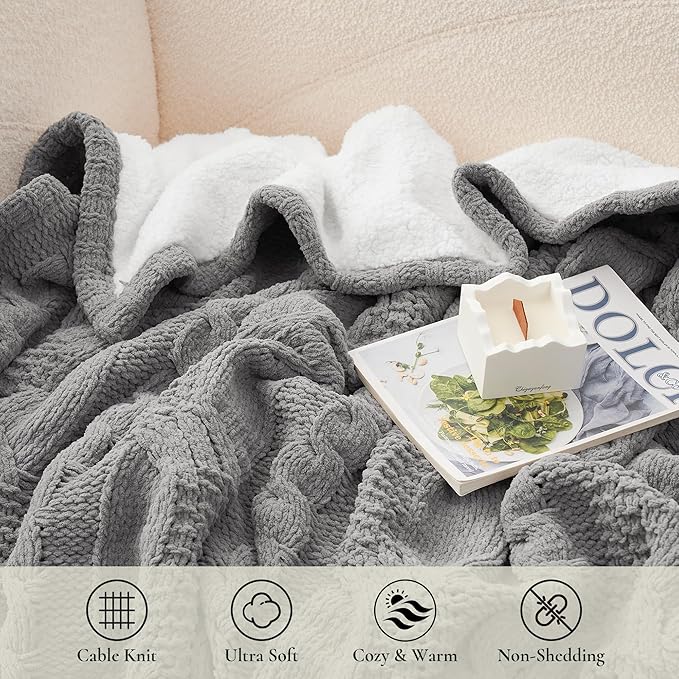 Amélie Home Cable Knit Throw Blanket for Couch Twin, Chenille Sherpa Soft Cozy Throw Blankets for Sofa Chair Comfortable Home, 60"x80", Gray