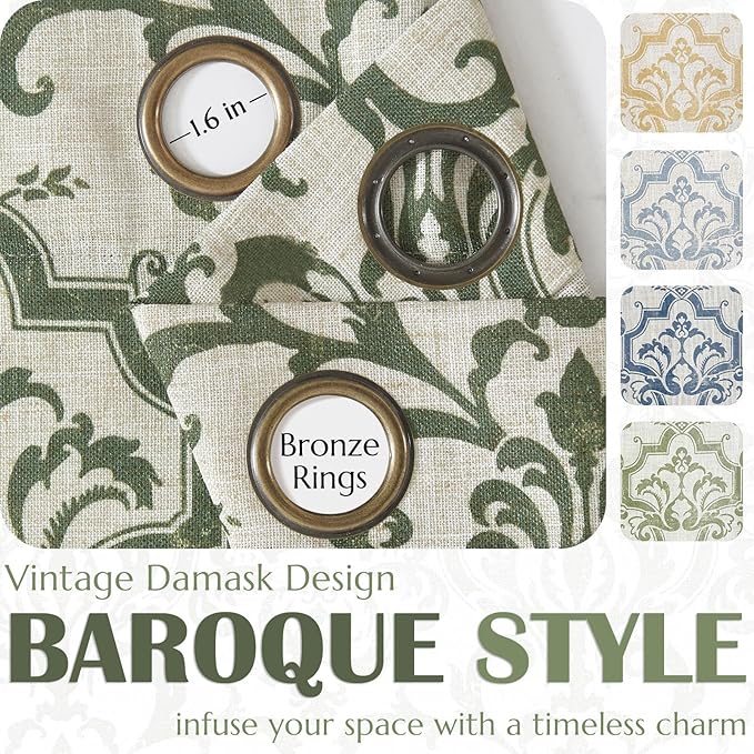 jinchan Linen Curtains for Bedroom & Living Room - Moss Green Damask Patterned Curtains, 63 Inch Length, Light Filtering, Vintage Baroque Style Drapes with Grommet Window Treatments - 2 Panels Set