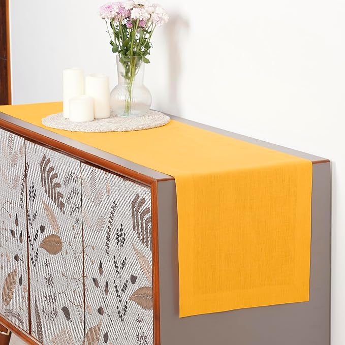 D'Moksha Homes Linen Table Runner 54 Inches - 100% Pure Linen Sunflower Yellow Table Runner 14 x 54 Inch for Dresser, Coffee Tables, Fall, Thanksgiving, Holiday - Machine Washable