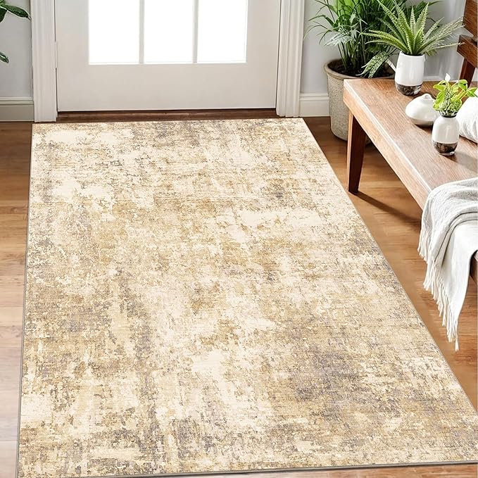3x5 Modern Abstract Rug Washable Area Rugs for Living Room Bedroom Dining Room Non-Slip Low Pile Neutral Large Rug Soft Indoor Floor Carpet, Gold