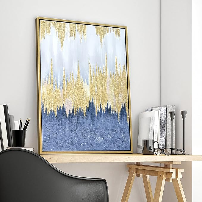 Empire Art Direct Abstract Wall Art Textured Hand Painted Canvas by Martin Edwards, Gold Frame, 40" x 30", Golden Rain