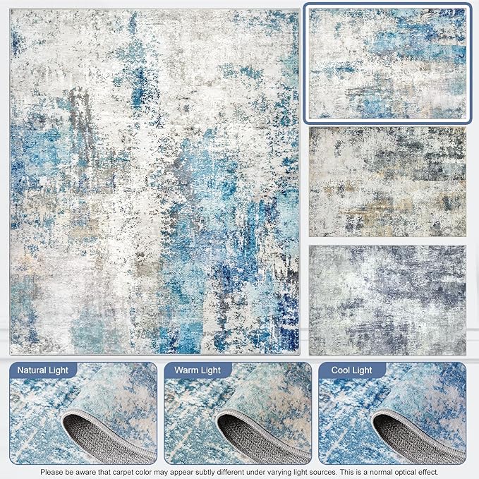 Washable Area Rug 5x7 - Neutral Modern Abstract Rugs, Soft Non Slip Thin Carpet with for Bedroom, Under Dining Room Table, Home, Office, Dorm, Office Rolling Chair - Blue Gray