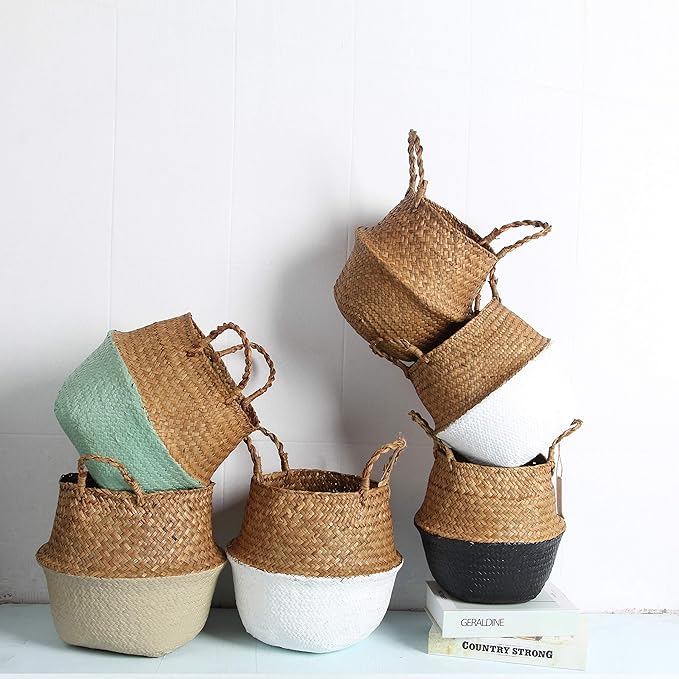 Woven Seagrass Belly Basket for Storage, Laundry, Picnic, Plant Pot Cover, and Grocery and toy storage (Medium, Black)