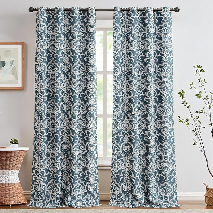 jinchan Room Darkening Curtains for Bedroom Blue Damask Patterned Curtains 108 Inch Length for Living Room Linen Textured Vintage 9FT Long Drapes Medallion Window Treatments Grommet Top 2 Panels Set