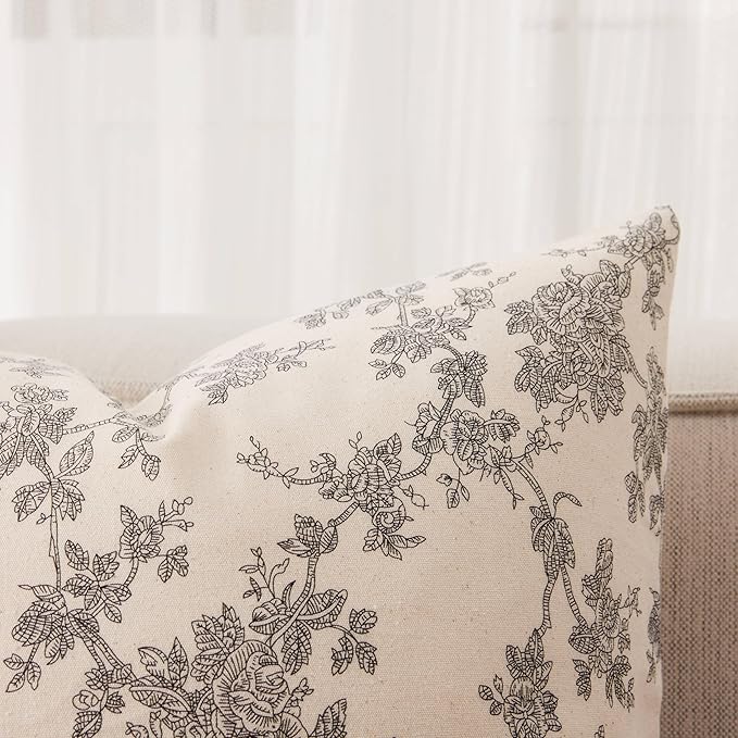 100% Cotton French Pastoral Throw Pillow Covers Set of 2, 24x24 Inch Black Farmhouse Decorative Cushion Covers for Sofa Bed Living Room Home Decor