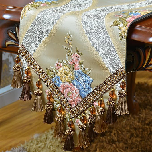 Extra Luxury Velvet Beige Table Runner 120 Inches Long with Vintage Damask Jacquard Design for Dining Room,Living Room,Home Decor,Elegant Beaded Tapestry (X-Beige, 13×120 inch)