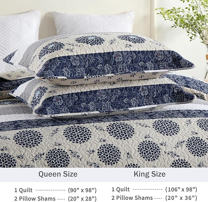 Homzard Quilt Queen Size - Queen Comforter Set,Navy Blue Beige Grey All Cotton Quilted Bedspread Set,Striped Floral Pattern Quilt,Lightweight Paisley 3 Piece Bedding,All Seasons