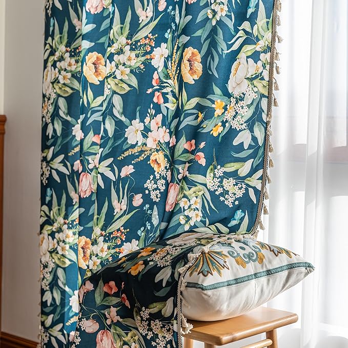 Boho Floral Curtains French Country Farmhouse Curtains 96 Inches Long Light Filtering Window Rod Pocket Drapes for Living Room 2 Panels-Navy Blue Floral