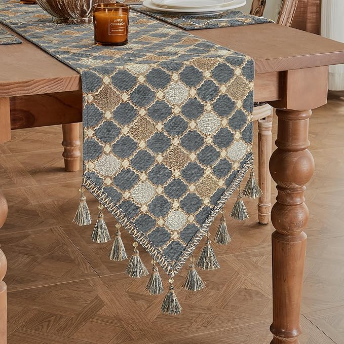 Loom and Mill Elegant Chenille Table Runner 90 inches Long, Chic Checkered Pattern Jacquard Table Runners with Tassels for Dining Room Dresser Party Banquet Decor (Blue-Grey+Khaki+Beige,13x90 inch)