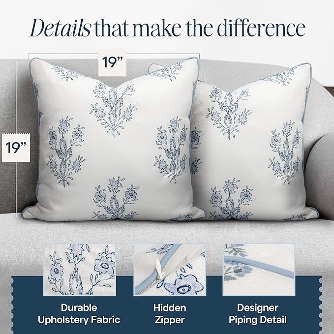 “The Mary” Periwinkle Floral Block Print Pillow Cover – Blue and White Decorative Throw Pillow Cover – Grandmillennial Home Decor, 19" x 19"