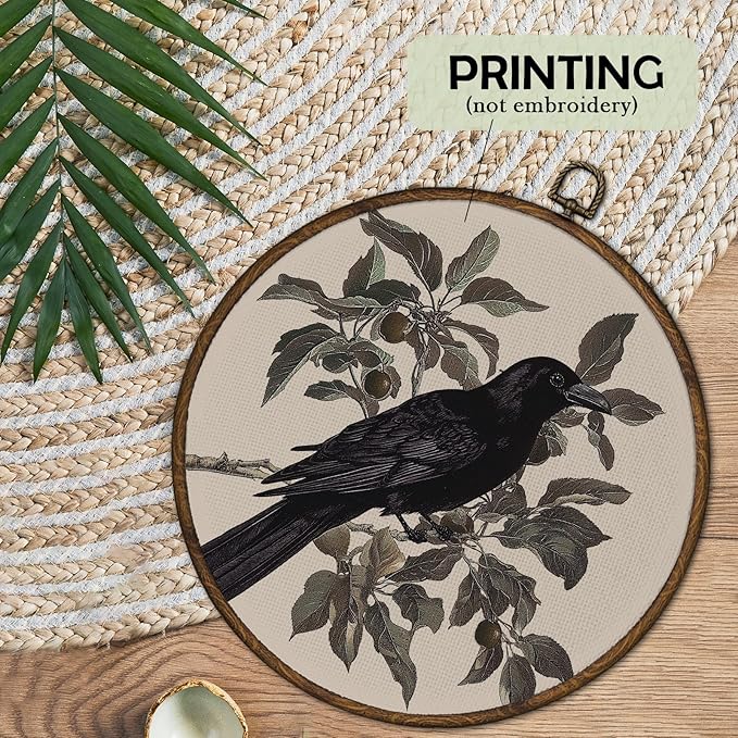 cvjutf Vintage Black Crow Wall Art Decor Framed, Raven Wall Art, Gothic Crow Botanical Round Wall Decor, Antique Dark Cottagecore Raven Canvas Prints Art for Bathroom Living Room, 10x10 Inch