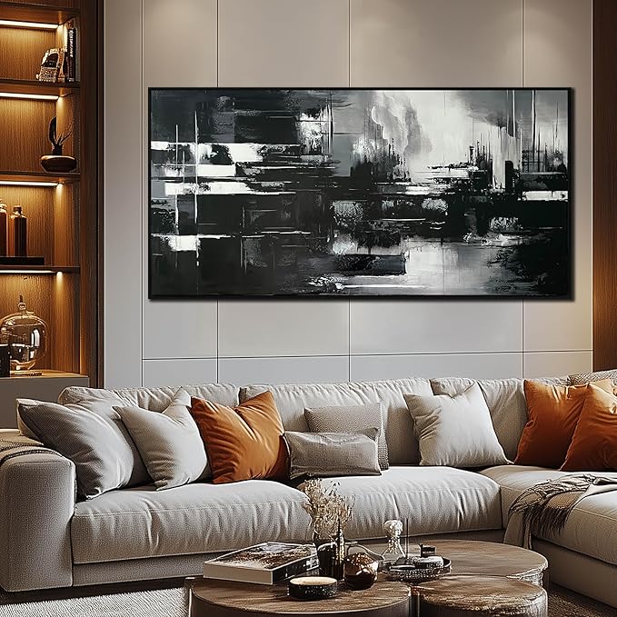 Hand Painted Abstract Canvas Wall Art for Living Room - Black and White Pictures for Office Wall Decor - Large Modern Wall Art Size 29" x 59"