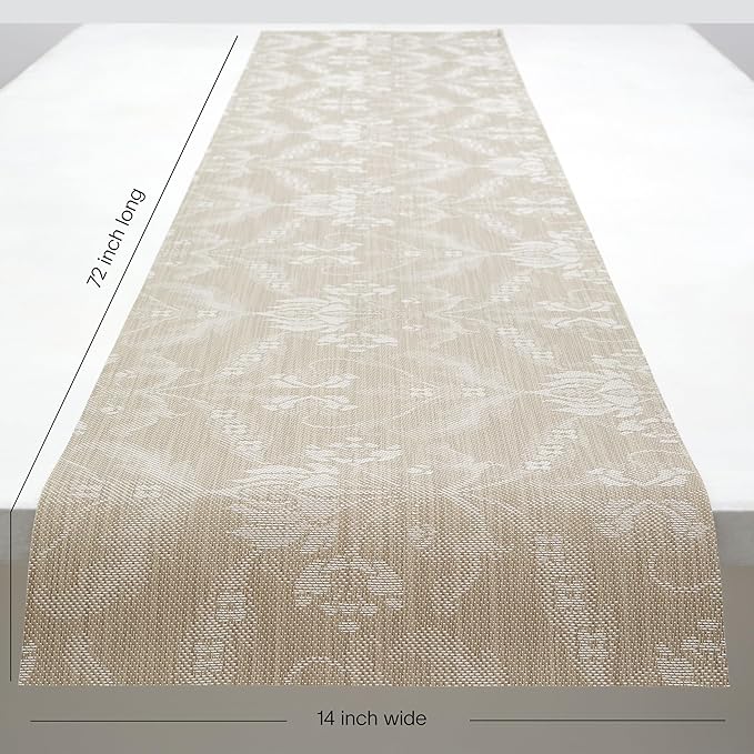 Martha by Martha Stewart | Chilewich Damask Table Runner in Flax - Easy Care Woven Textile - Indoor/Outdoor - Stain/Fade Resistant - 14" x 72"