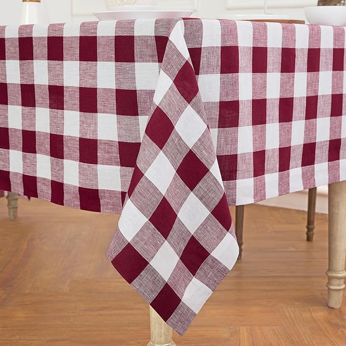 Solino Home Checkered Tablecloth 60 x 108 Inch - 100% Pure Linen Burgundy and White Buffalo Plaid Table Cloth for Rectangle Tables - Machine Washable Tablecloth for Fall, Autumn, Thanksgiving