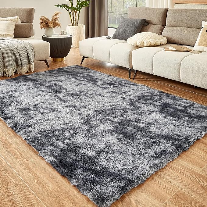 Floralux Shag Rug 5x7 for Living Room, Tie-Dyed Dark Grey, Soft Fluffy Area Rug, High-Pile Plush Indoor Carpets for Bedroom, Playroom, Nursery, Home Decor