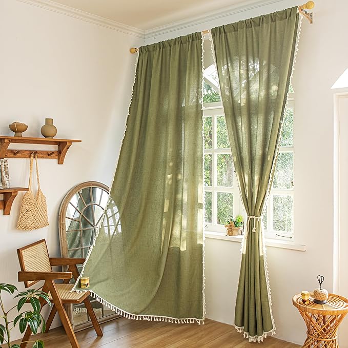 Sutuo Home Boho Curtains for Living Room 96 Inches Long, Bohemian Linen Textured Curtains with Tassels, Semi Blackout Farmhouse Drapes, Rod Pocket Window Treatments 2 Panels, 52" x 96", Olive Green