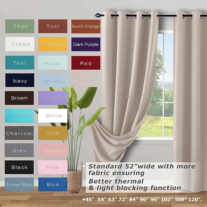KOUFALL Greige Beige Curtains 63 Inch Length,Grommet Blackout Darkening Thermal Insulating Curtains 63 Inches Long 2 Panel Set for Bedroom Living Room,Tan Khaki Greyish Stone