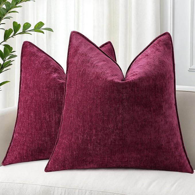 decorUhome Christmas Couch Throw Pillow Covers 16x16 Set of 2, Decorative Soft Euro Velvet Neutral Chenille Pillow Covers with Elegant Design for Sofa Bed Living Room Home Decor, Rhododendron