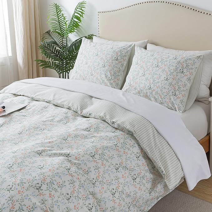 HoneiLife Botanical Duvet Cover Queen - 100% Cotton Comforter Cover Sets, Floral Duvet Cover Sets,Wildflower Bedlinen Set for Queen Beds