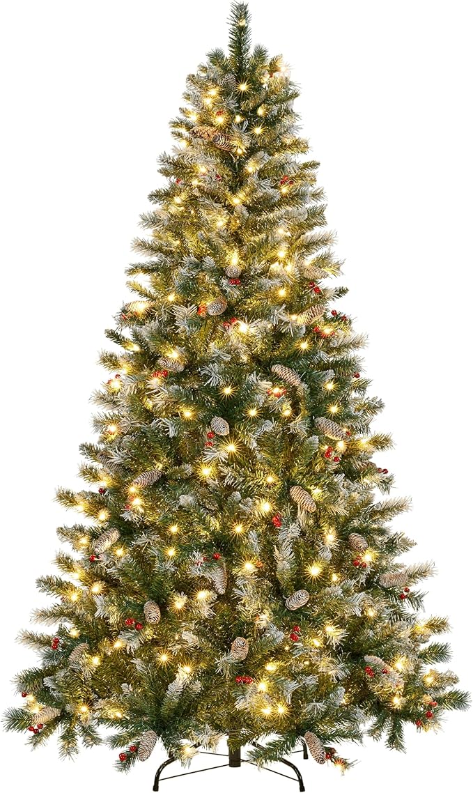 Yaheetech 7.5ft Pre-lit Frosted Artificial Hinged Christmas Tree with 1398 Flocked PVC Tips,88 Pine Cones,88 Holly Berries & 500 Warm White Lights,Foldable Stand,Green