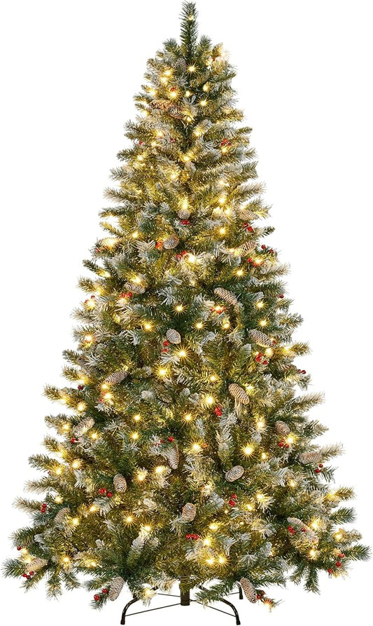 Yaheetech 7.5ft Pre-lit Frosted Artificial Hinged Christmas Tree with 1398 Flocked PVC Tips,88 Pine Cones,88 Holly Berries & 500 Warm White Lights,Foldable Stand,Green