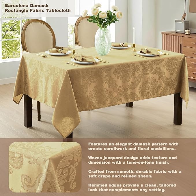 Newbridge Barcelona Damask Fabric Tablecloth, 60 x 144 Inch Rectangle, Gold – No Iron, Soil Resistant Table Cover for Dining, Parties and Holidays