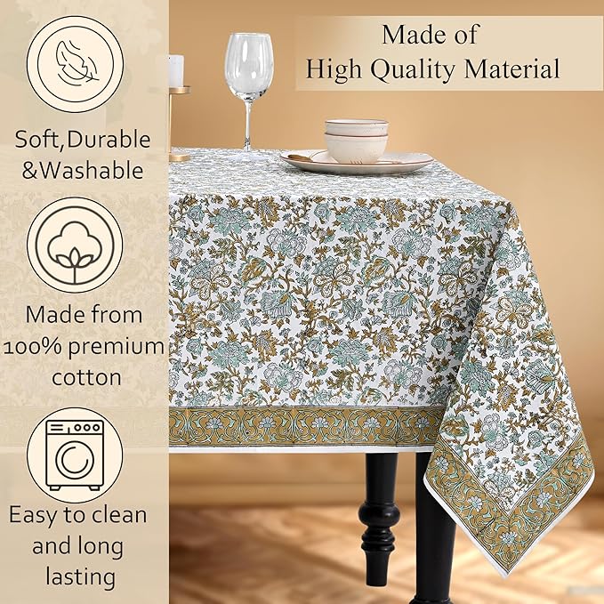 CPC Tablecloth 100% Cotton 60x60 Inch Indian Block Print Square Table Cover, Table Cloth for Weddings, Spring/Summer, Barbeque - Topaz Blue