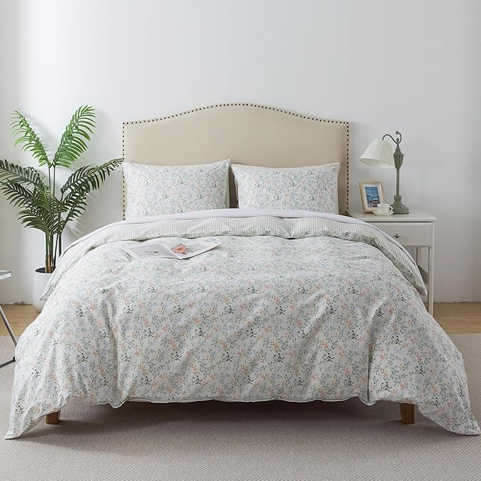 HoneiLife Botanical Duvet Cover Queen - 100% Cotton Comforter Cover Sets, Floral Duvet Cover Sets,Wildflower Bedlinen Set for Queen Beds