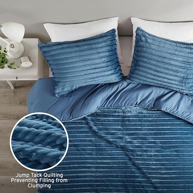 Intelligent Design Queen Comforter Set, Cozy Plush Bedding, Microfiber Reverse, 3 Piece, Lightweight, Super Soft Ribbed Velvet Comforter 2 Shams, All Season Fluffy Bed Set, Avril, Full/Queen Blue