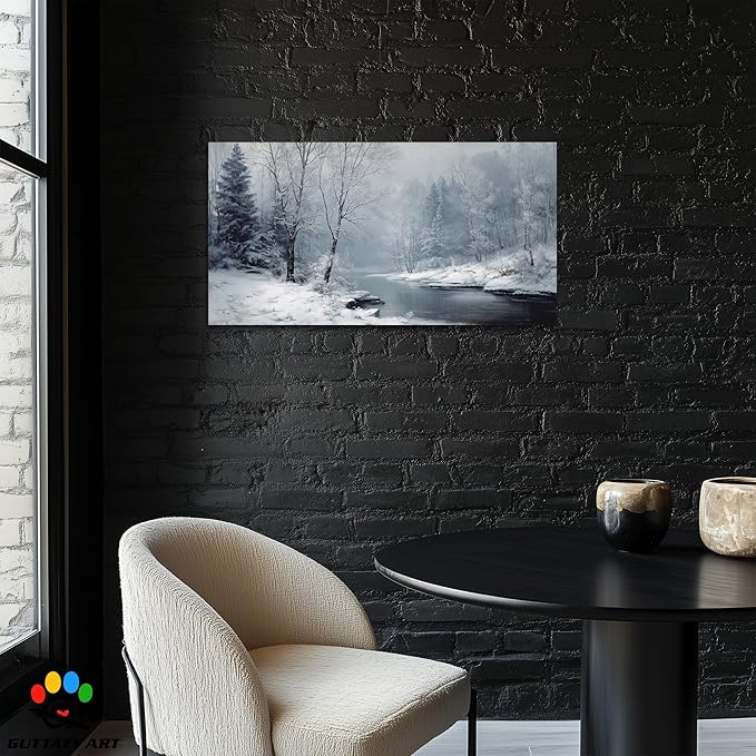GUTTATY Christmas Winter Scene Canvas Wall Art, Snowy River Landscape Canvas Prints, Frosted Forest Picture Wall Decor Artwork for Living Room, Bedroom, Holiday Season Decoration, 48x24 Inch