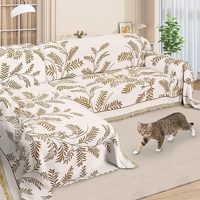 ALIECOM Boho Couch Covers for Sectional Sofa 2 Piece Thick Chenille L Shape Sofa Cover Washable Reversible Couch Cover Blanket Chaise Slipcover Pet Dog Furniture Protector (X-Large, Leaves Coffee)
