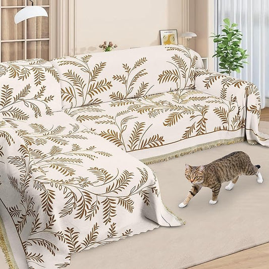 ALIECOM Boho Couch Covers for Sectional Sofa 2 Piece Thick Chenille L Shape Sofa Cover Washable Reversible Couch Cover Blanket Chaise Slipcover Pet Dog Furniture Protector (X-Large, Leaves Coffee)