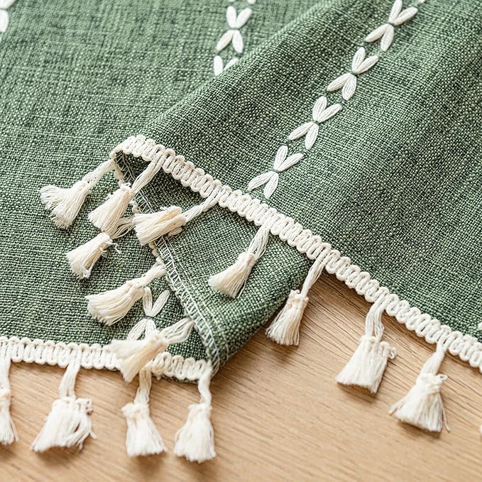 Sutuo Home Olive Green Boho Short Curtains Valance with Tassles, Bohemian Linen Light Filtering Vintage French Country Christmas Window Treatment Embroidery Drape, Rod Pocket 1 Panel 52" W x 18" L