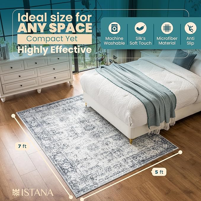 Istana Navy Area Rug - 5x7, Washable, Kid & Pet Friendly, Non Shedding, Vintage, Machine Made Rug for Bedroom