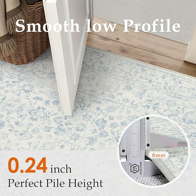 4x6 Blue Area Rug Non Slip Vintage Office Entryway Rug Distressed Machine Washable Kitchen Carpet Traditional Retro Floral Accent Throw Door Mat for Bedroom Bathroom Dining Living Room