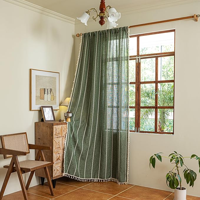 Sutuo Home Boho Curtains for Bedroom Dining Room, Semi Blackout Linen Farmhouse Vintage Chic Tassels Privacy Window Treatment Bohemian Embroidery Drape, Rod Pocket 1 Panel 52" W x 96" L, Olive Green