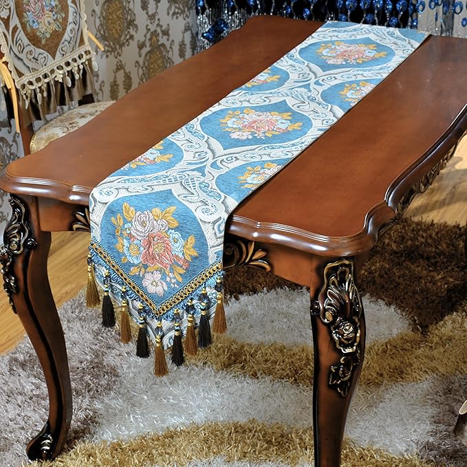 Extra Luxury Velvet Blue Table Runner 90 Inches Long with Vintage Damask Jacquard Design for Dining Room,Living Room,Home Decor,Elegant Beaded Tapestry (N-Blue, 13×90 inch)