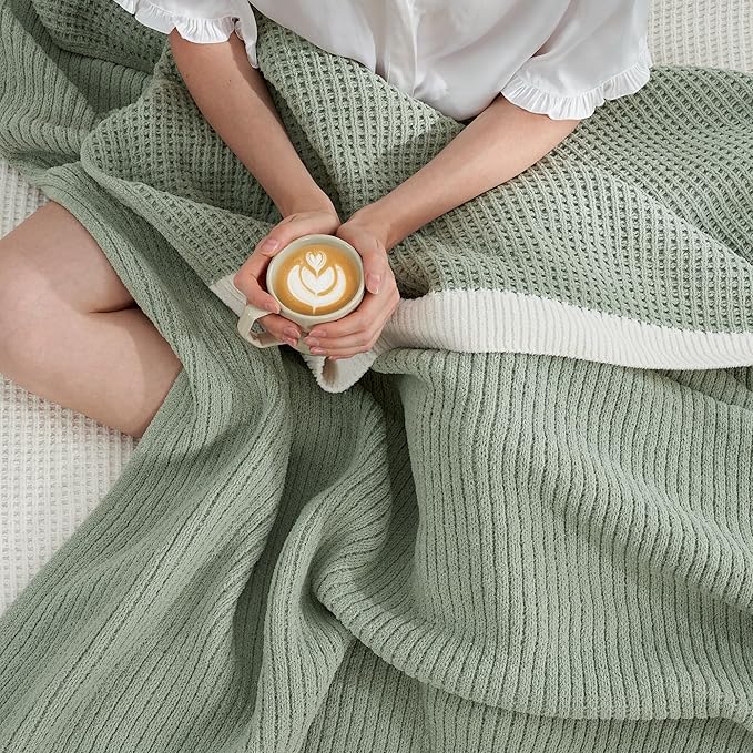 Amélie Home Waffle Throw Blanket for Couch Twin, Soft Cozy Chenille Knit Blanket Warm Decorative Throw for Sofa, Bed, Living Room, 60"x80", Sage Green